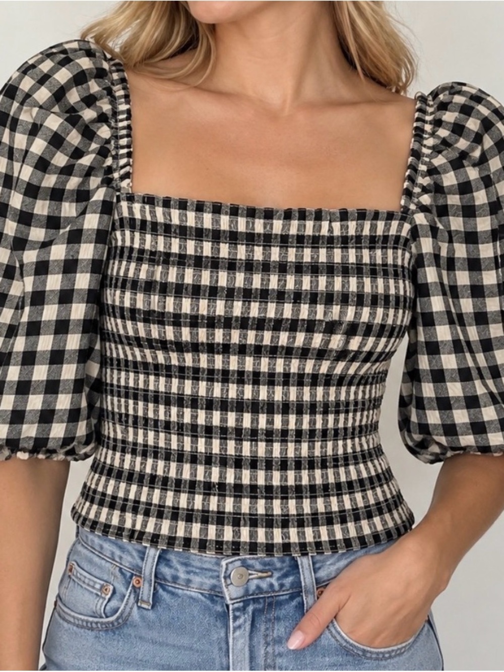 BB Dakota Black & Cream Gingham Smocked Square-Neck Top